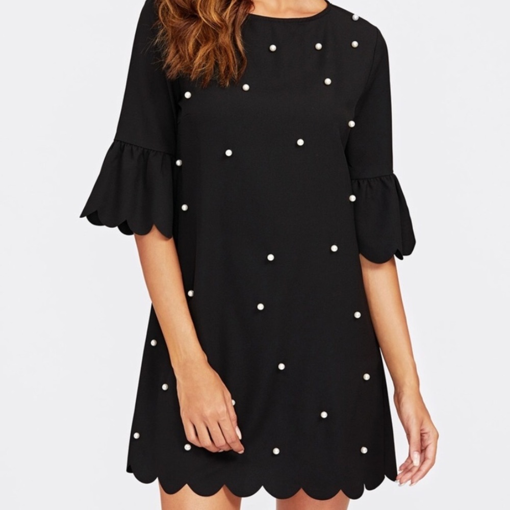 Black scalloped shift dress with pearls embedded